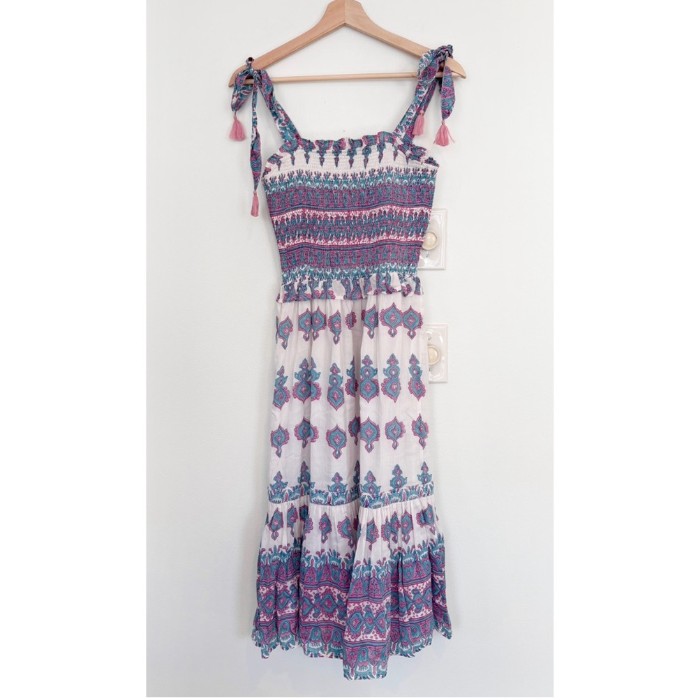 Bell by‎ Alicia Bell || Smocked Tie Shoulder Tassel Midi Dress White Pink XS